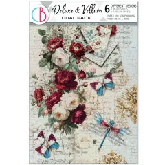 Verpackungscover des Ciao Bella Deluxe & Vellum Dual Pack A4 Bohemian Burgundy mit Rosenstrauß, Briefumschlag, Schmetterlingen und Libelle