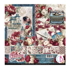 Verpackungscover des Ciao Bella Paper Pad 8x8 Bohemian Burgundy mit Villa, Vogel und Rosenstrauß in der Teetasse