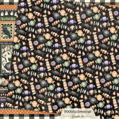 Papier mit farbigen Bonbonmuster auf schwarzem Untergrund: orange, lila, weiß, grün gestreifte Bonbons und Halloween-Dekoration