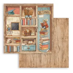 Designpapier mit Bücherregal, Ex Libris Label und Maus mit Tafel, Holzstruktur-Rückseite