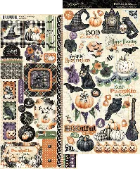 Detailansicht BOOtiful Greetings Sticker Set: beide Bögen mit Halloween-Motiven, Mustern und Bordüren in Schwarz, Orange, Lila und Grün zum Ausschneiden