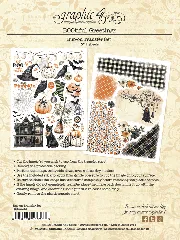 BOOtiful Greetings Transfer-Bögen im Detail: Blatt 1 mit Herrenhaus, Eule, Kürbissen, Text-Elementen; Blatt 2 mit Karomuster, Blüten und Punktmuster