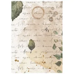 Beiges Reispapier mit grünen und braunen Blattmotiven, spanischem Text und dekorativen Kreisen