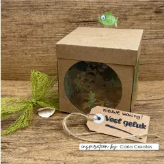 Kraftbox mit rundem Sichtfenster, Fisch auf dem Deckel und Anhänger Nieuwe woning, veel geluk