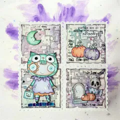 Briefmarken-Style Kunstkarten mit gestempelter Eule, Mond, Kürbissen und Halloween-Elementen auf aquarelliertem Hintergrund