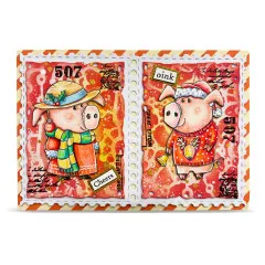 Zwei-Feld-Briefmarkenkarte mit zwei weihnachtlich gekleideten Schweinen