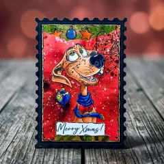 Karte im Briefmarkenformat 'Merry Xmas!' mit Hund und hängender Weihnachtskugel