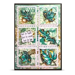 Sammelkarte im Briefmarken-Design mit aquamarinfarbenen Blättern und floralem Hintergrund