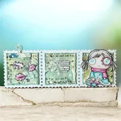 Drei Briefmarken mit Herbstblättern, Mädchen mit Schal und Etikett autumn days