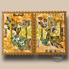 Doppelte Briefmarkenkarte mit Blätterzweigen in Gelb, Grün und Orange