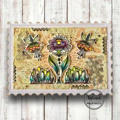 Briefmarkenförmige Karte mit Folk-Art-Blüten, Fuchsien und Grasbüscheln