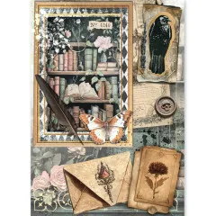 Reispapier-Bogen mit gerahmtem Bücherregal, Rabe und Wachssiegel im Design The Witch's Grimoire