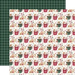 Designpapier mit rot-grünem Buffalo-Karo / Rückseite: Kakaotassen-Streumuster mit Lebkuchenmännchen
