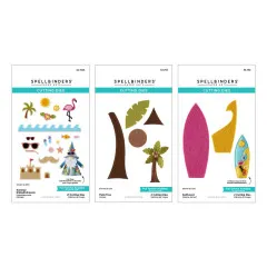 Verpackungsvorderseiten der drei enthaltenen Filz-Stanzformen-Sets: Summer Embellishments (Palme, Flamingo, Sonnenbrille, Sandburg u.a.), Palm Tree und Surfboard, für den Filz-Gnom Fergus