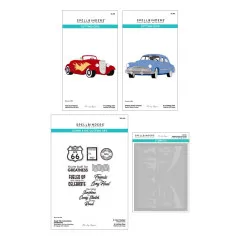 Verpackungsvorderseiten der vier enthaltenen Sets: Stanzform Hot Rod Flames, Stanzform Sedan Street Cruiser, Stempel-und-Stanz-Set Road Trip Adventures Sentiments sowie Schablonen-Set Highway Horizons Desert