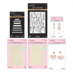 Sechsteiliges Set aus Stempelkissen, Press+Foil-Platte, Stanzformen und Prägefolder im Schneiderei-Design.