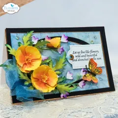 Karte mit gelb-orangen Mohnblüten und weißen Gänseblümchen, Spruch „Let us live like flowers, wild and beautiful and drenched in the sun“.