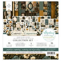 Verpackung des Collection Sets Cabinet of Curiosities mit dunklen Papieren, Rahmen, Kürbissen, Faltern und Apothekerfläschchen