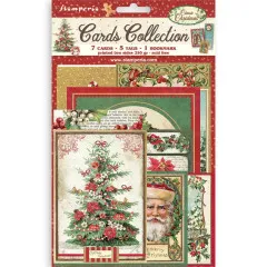 Verpackung der Stamperia Cards Collection Classic Christmas mit 7 Karten, 5 Anhängern und einem Lesezeichen in Rot-Grün-Vintage-Optik, Motive: Weihnachtsbaum und Weihnachtsmann.