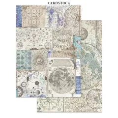 Doppelseitige Kartonseite mit Mondkarten, Sternkarten, Handschrift und Mondphasen