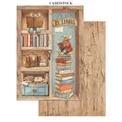 Zwei Cardstock-Seiten: Holzregal mit Büchern und Reisekoffern, Ex-Libris-Schild mit Maus auf Bücherstapeln, Holz-Textur