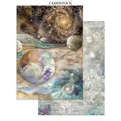 Doppelseitige Kartonseite mit Galaxie und Planeten sowie heller Mondoberfläche auf der Rückseite