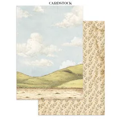 Cardstock-Seite mit grünem Hügelland, blauem Himmel und beige Rückseite mit handschriftlichem Text