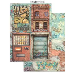 Doppelseitige Kartonseite mit Hausfassade, Getränkeautomat, Rolltor und Graffiti