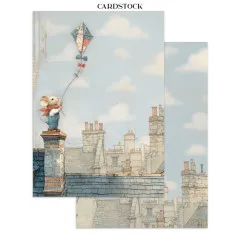 Zwei Cardstock-Seiten mit Luftballon-Motiv, Hausdächern und Fenster-Rahmen-Design