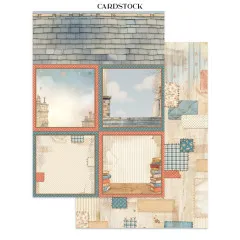 Zwei Cardstock-Seiten mit Dachziegel-Muster oben und vier quadratischen Rahmen-Layouts mit Himmel und Bücher-Motiven