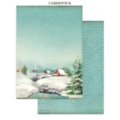 Doppelseitiges Cardstock-Papier mit Winterdorf-Szene und Vintage-Schriftmuster.
