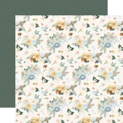 Florales Bastelpapier mit winterlichen Blumenbouquets auf Creme, links dunkelgrüner Hintergrund mit Muster.