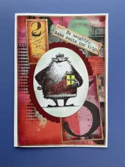 Beispielkarte im Collagenstil mit gestempeltem Cheery Santa Motiv und Spruch „Be naughty, save santa the trip".