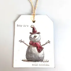 Weiteres koloriertes Anhänger-Tag mit gestempeltem Cheery Snowman Motiv an Kordel.