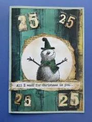 Beispielkarte im Collagenstil mit gestempeltem Cheery Snowman Motiv und Zahlen-Collage „25".