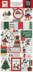 Chipboard Accents mit Mickey-Maus, Weihnachtsbäumen, Spruchbändern und dekorativen Formen in Rot, Grün und Schwarz