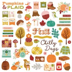 Ungeschnittener Chipboard-Bogen mit Fuchs, Eichhörnchen, Pilzen, Bäumen und Wortstickern im Pumpkins & Plaid Design