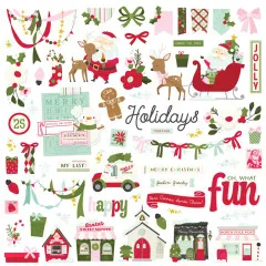 Ungeschnittener Chipboard-Bogen mit Lichterkette, Girlanden, Schleifen, Weihnachtsmann-Figuren und Ladenfassaden im Kringle & Co. Design
