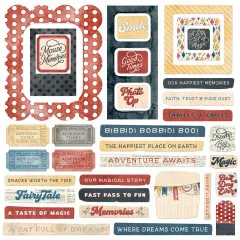 Nahaufnahme der Chipboard-Stanzteile mit Rahmen, Etiketten und Sprüchen wie „Bibbidi Bobbidi Boo!" und „Where Dreams Come True".