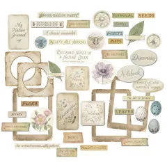 Nahaufnahme der Chipboard-Stanzteile mit Rahmen, Vogeleiern, Notizzetteln und Begriffen wie „Botany" und „Discoveries".