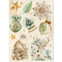 Reispapier-Bogen mit Christbaumkugeln, Schneekugel, Katze und Hirsch im Design Golden Winter