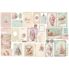 Bogen mit rosafarbenen Vintage-Ephemera-Motiven: Weihnachtsmann im Schlitten, Reh, Schlittschuhe und Weihnachtsbaum-Etiketten.