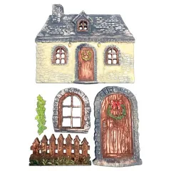Bemaltes Ergebnis der Stamperia Silikonform 'Christmas Cottage' mit Türkranz und Zaun.