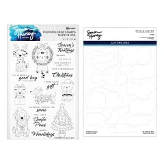 Stempelbogen Christmas Pets mit Dalmatiner, Katze im Kranz, Golden Retriever im Weihnachtsmann-Kostüm, Dackel mit Lichterkette und Sprüchen wie 'Season's Treatings'.