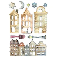 Bemaltes Ergebnis der Stamperia Silikonform 'Christmas Village' mit Hausfassaden und Laternen.
