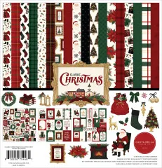 Classic Christmas Collection Kit von Carta Bella mit 12 doppelseitig bedruckten Papieren in Rot, Grün, Gold und Creme sowie Stickerbogen mit weihnachtlichen Motiven wie Weihnachtsbäumen, Rentieren, Nikolaus und Schlitten