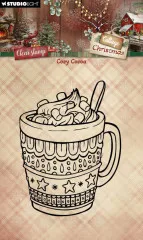 Ungefärbter Umriss-Stempel einer winterlich gemusterten Tasse heißer Schokolade mit Marshmallows und Löffel.