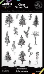 Klarsichtstempel-Bogen mit 17 naturalistischen Baum-, Nadelzweig- und Zapfenmotiven der Maker Series Arboretum