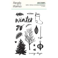 Verpackung der Simple Stories Clear Stamps Evergreen Memories mit 16 Stempelmotiven wie Tanne, Baumkugel, Weihnachtsstrumpf und Schriftzug 'winter'