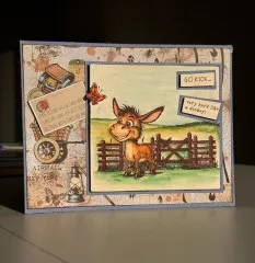 Handgefertigte Grußkarte mit Clear Stamps Go Kick: Esel mit Text-Elementen und Vintage-Reise-Design
